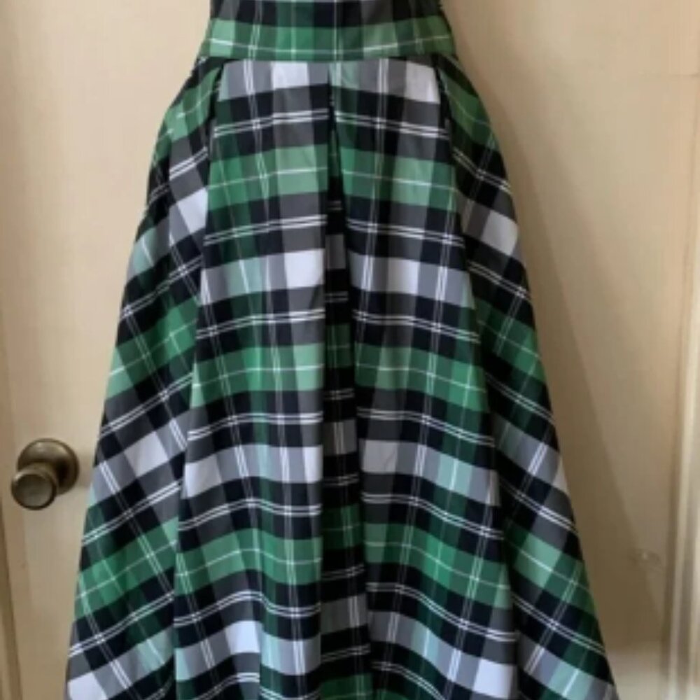 Laura Byrnes green white and black plaid taffeta party skirt size XS